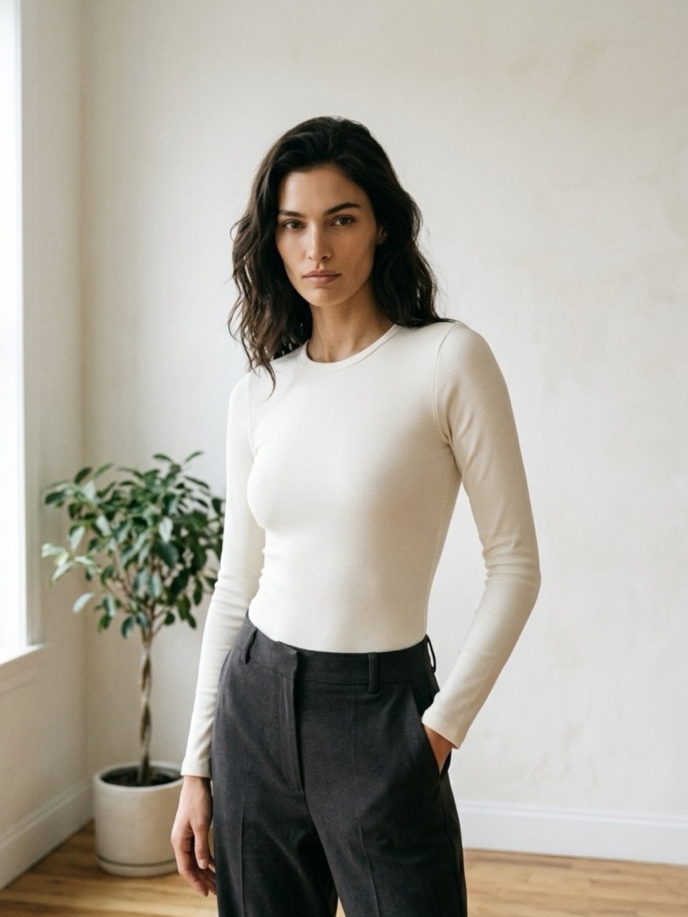 Forever 21 Long-Sleeve Off-White Crewneck Bodysuit Top, Size M